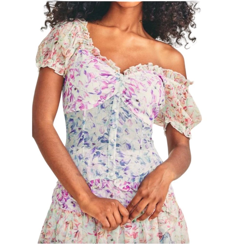 Floral Off-Shoulder Ruffled Bustier Top - Pink Multi